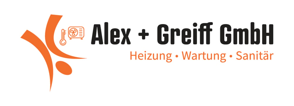 Logo von Alex + Greiff GmbH mit Icons für Heizung, Thermometer und Text "Heizung • Wartung • Sanitär".