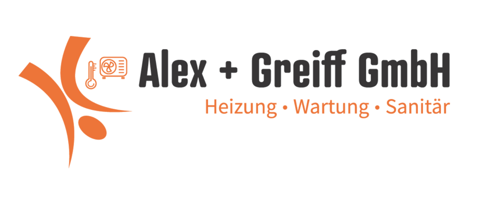 Logo Alex + Greiff GmbH: orangefarbene Figur, Thermometer, Heizungssymbol und Text "Heizung • Wartung • Sanitär" auf grünem Hintergrund.